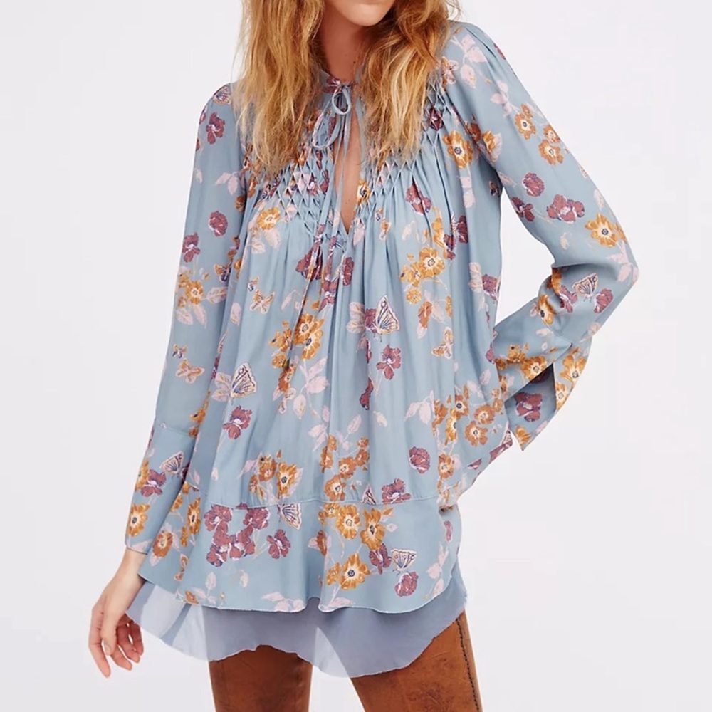 Free People Pebble Crepe So Fine Smocked Tunic Top Floral Blue Blouse Sm… - Picture 2 of 13